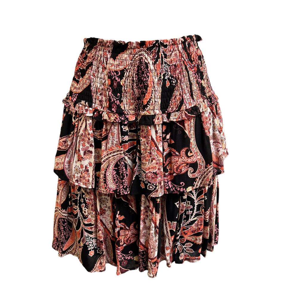 Anthropologie XS Boho Paisley Print Tiered Ruffle Mini Skirt Black Pink